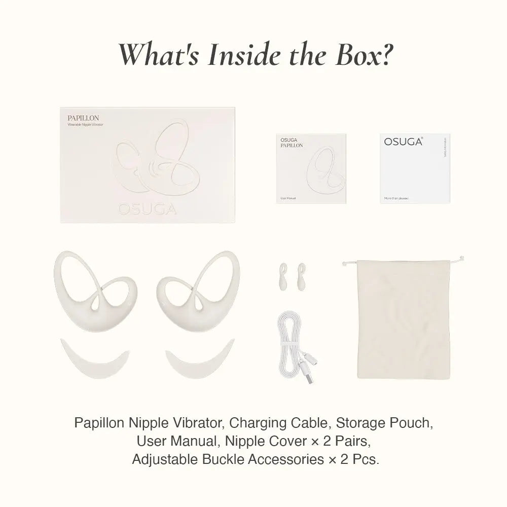 Product packaging with Papillon Nipple Vibrator, charging cable, storage pouch, user manual, and accessories on a white background.