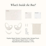 Product packaging with Papillon Nipple Vibrator, charging cable, storage pouch, user manual, and accessories on a white background.