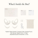 Product packaging with Papillon Nipple Vibrator, charging cable, storage pouch, user manual, and accessories on a white background.